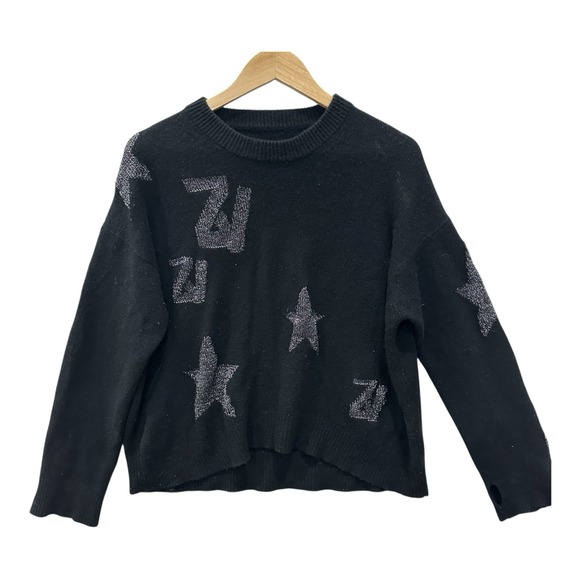Zadig & Voltaire Markus Stars Cashmere Sweater S Black Silver Metallic Soft - Picture 1 of 6